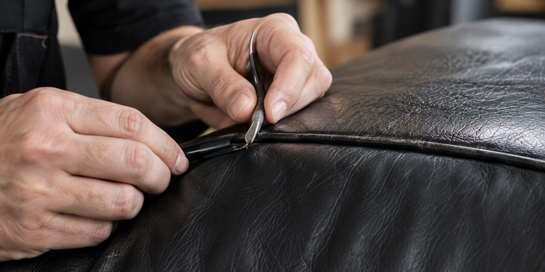 Localized Design Within Reach leather repair worked into a black leather seam by hand