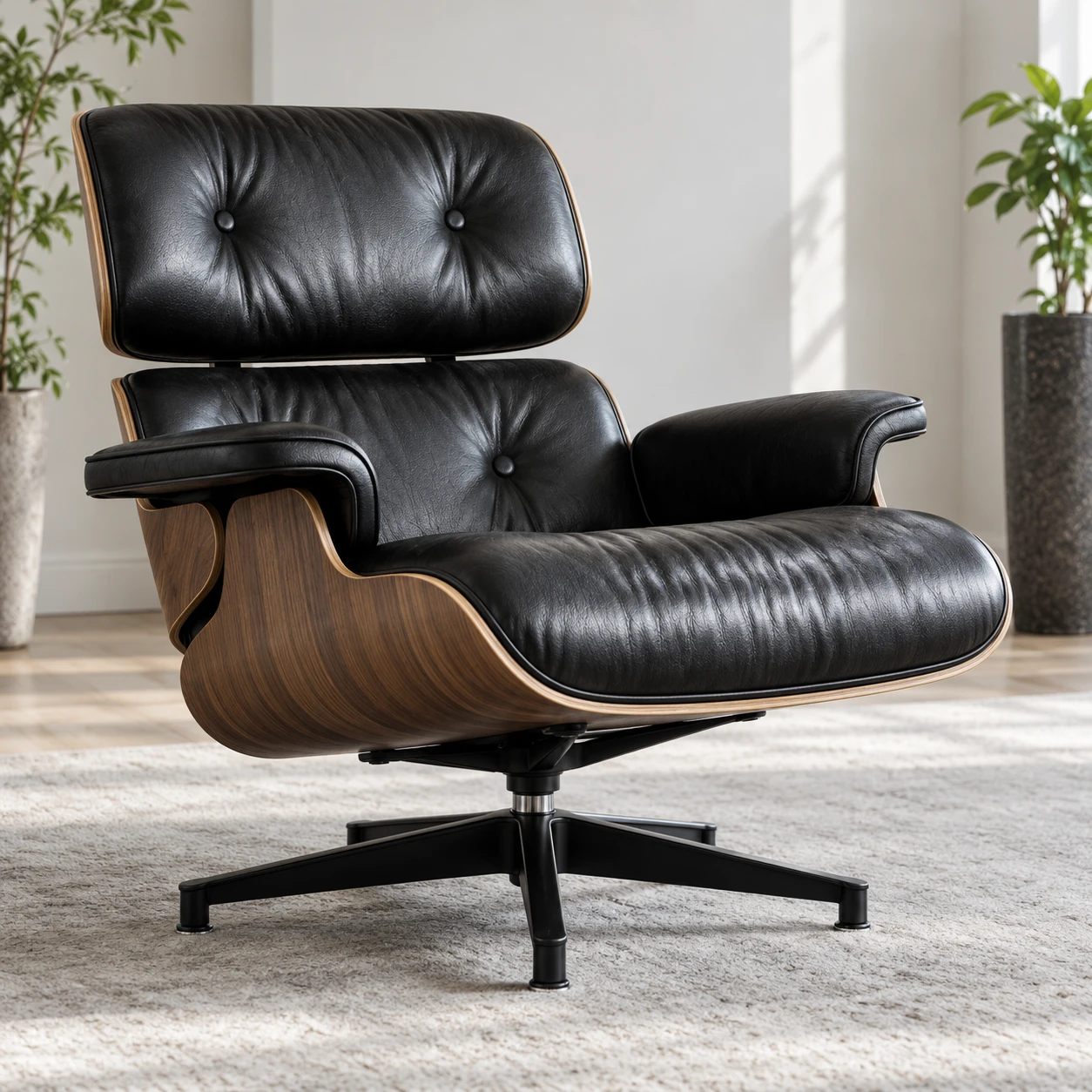 A black leather lounge chair with a molded walnut shell