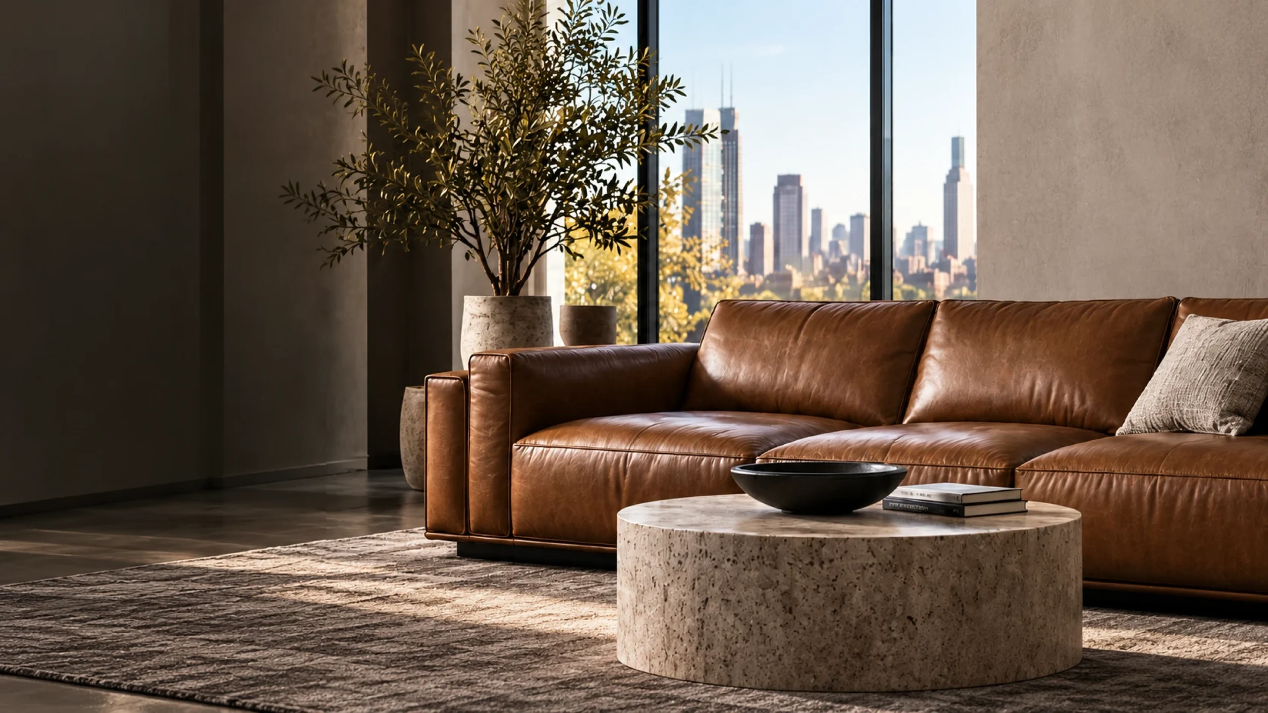 Designer furniture repair NYC: a cognac leather sectional in a Manhattan apartment above the skyline