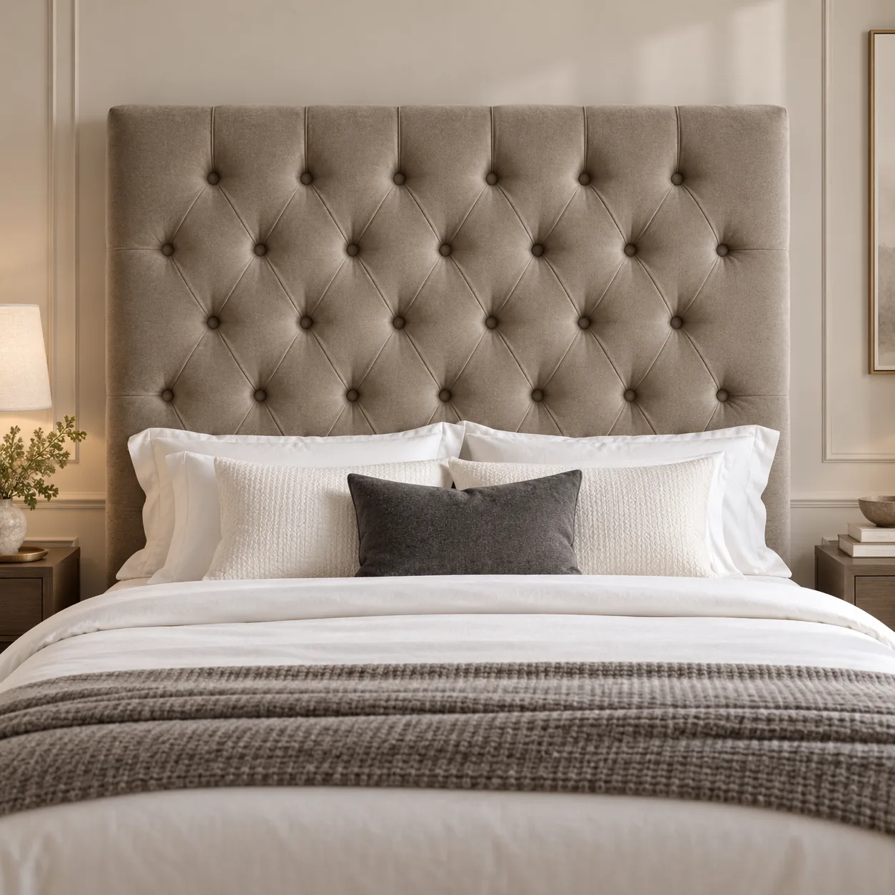 Taupe velvet headboard with a shallow diamond button-tufted grid