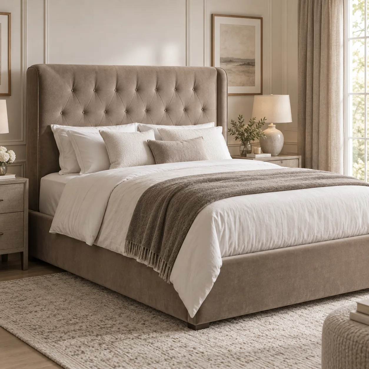 Taupe velvet winged headboard with deep diamond tufting