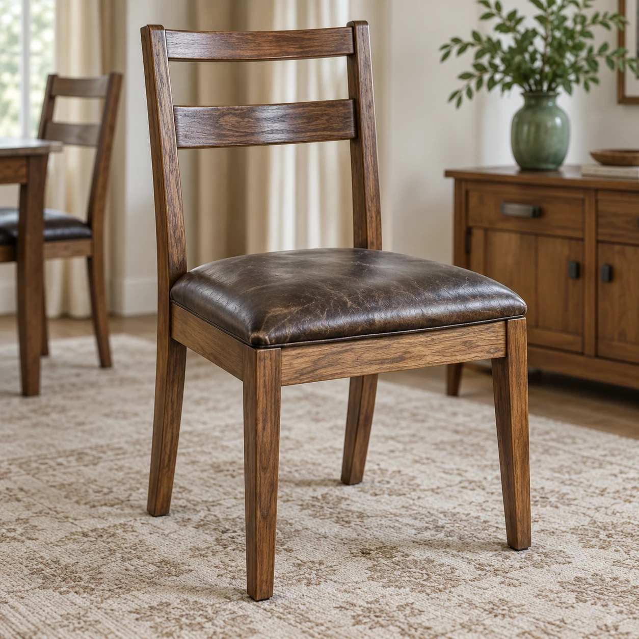 Dining chair with a worn dark leather seat