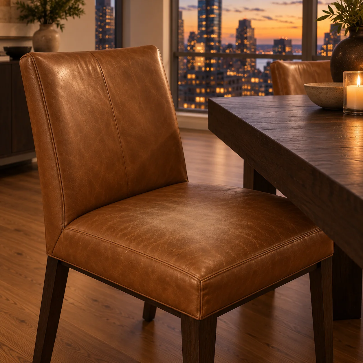 A leather dining chair seat worn pale through the middle