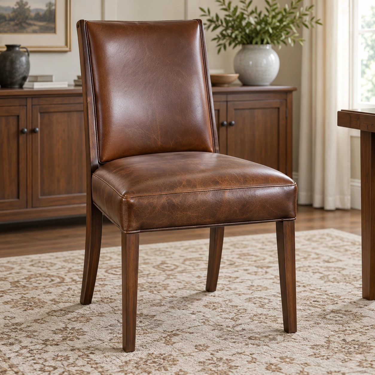 Brown leather dining chair with upholstered back