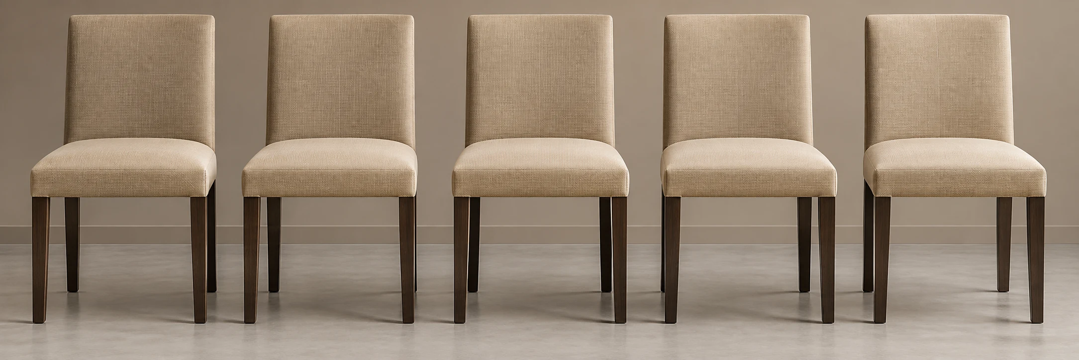 Row of five upholstered dining chairs
