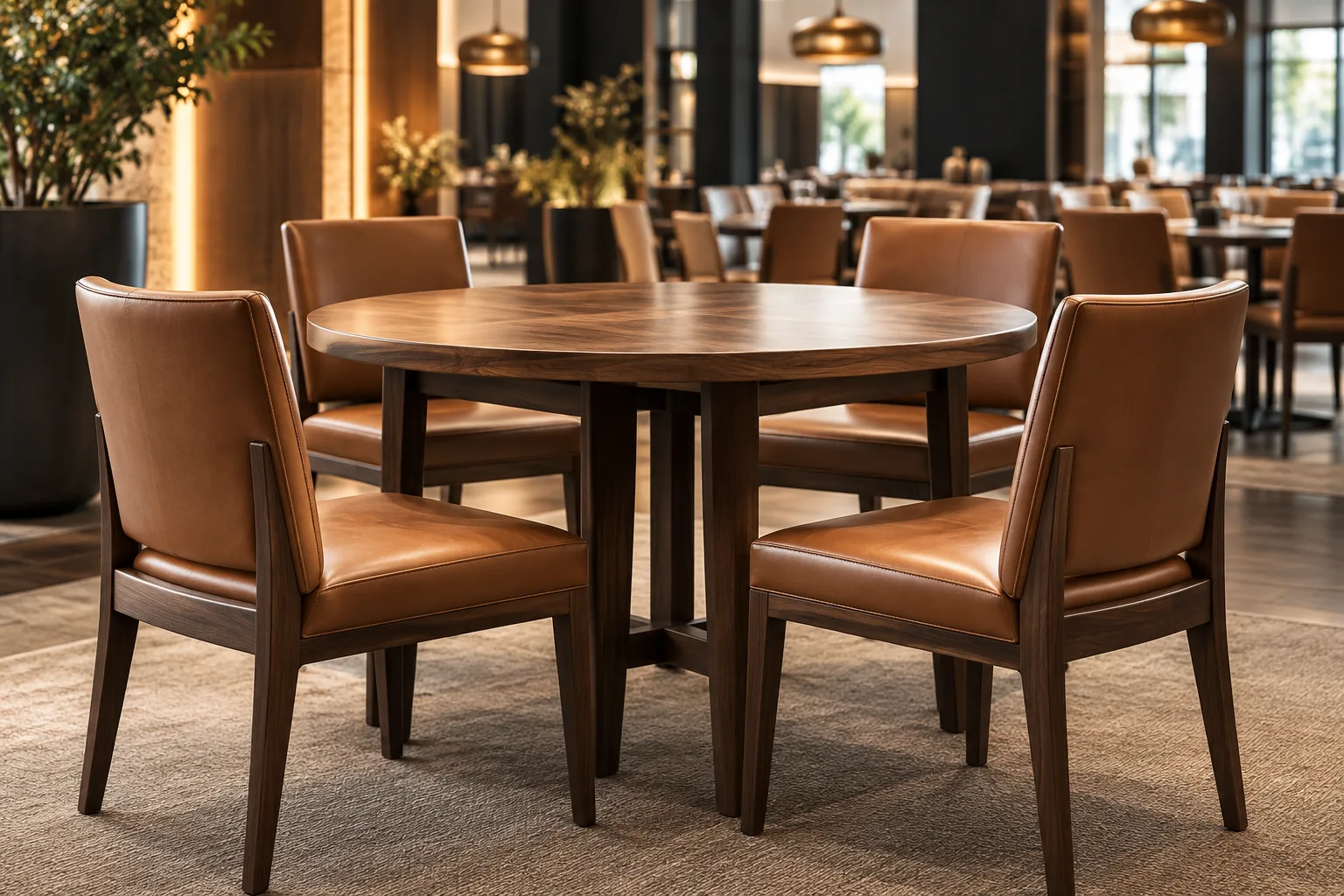 Tan leather dining chairs at a round table