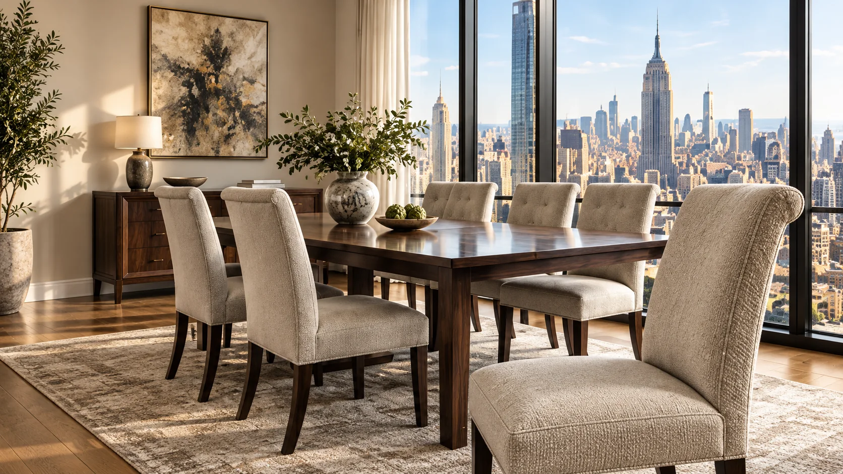 Reupholster dining room chairs NYC - a Manhattan dining room with newly recovered ivory dining chairs