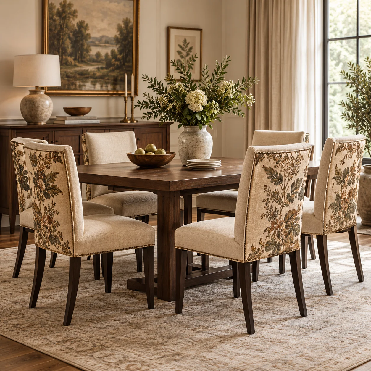 Dining set recovered in a botanical print