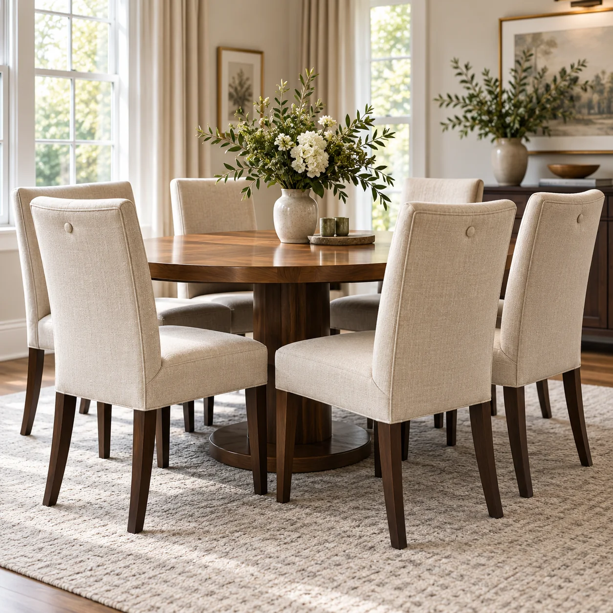Dining set recovered in ivory linen around a walnut table