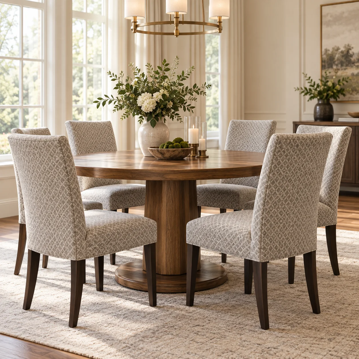 Dining set recovered in oatmeal weave in a sunlit room