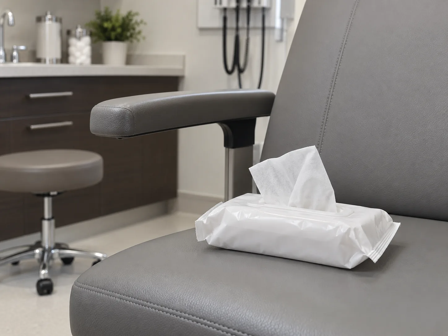 A pack of disinfectant wipes resting on a vinyl medical seat