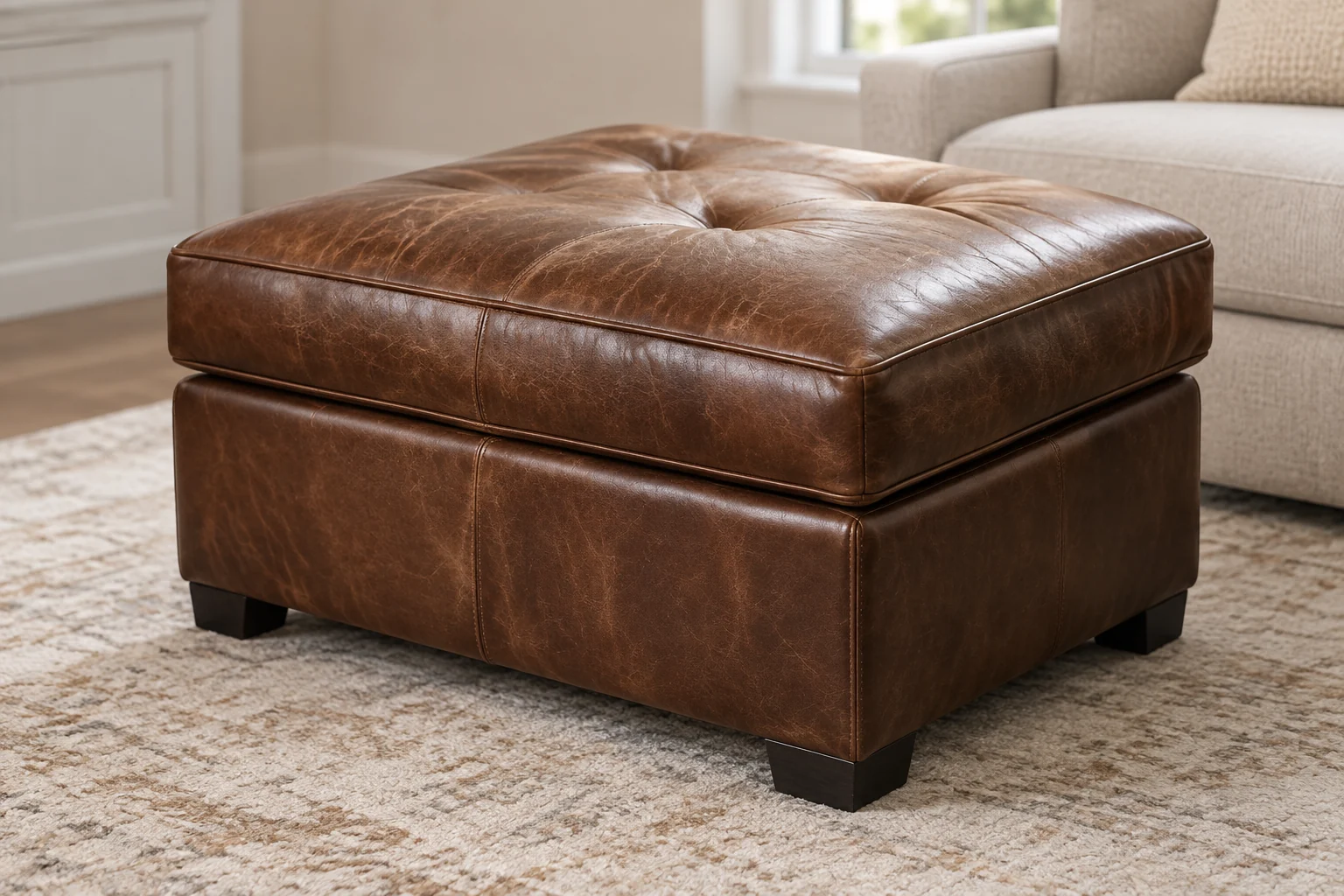 A distressed brown leather square ottoman with a worn, waxy finish