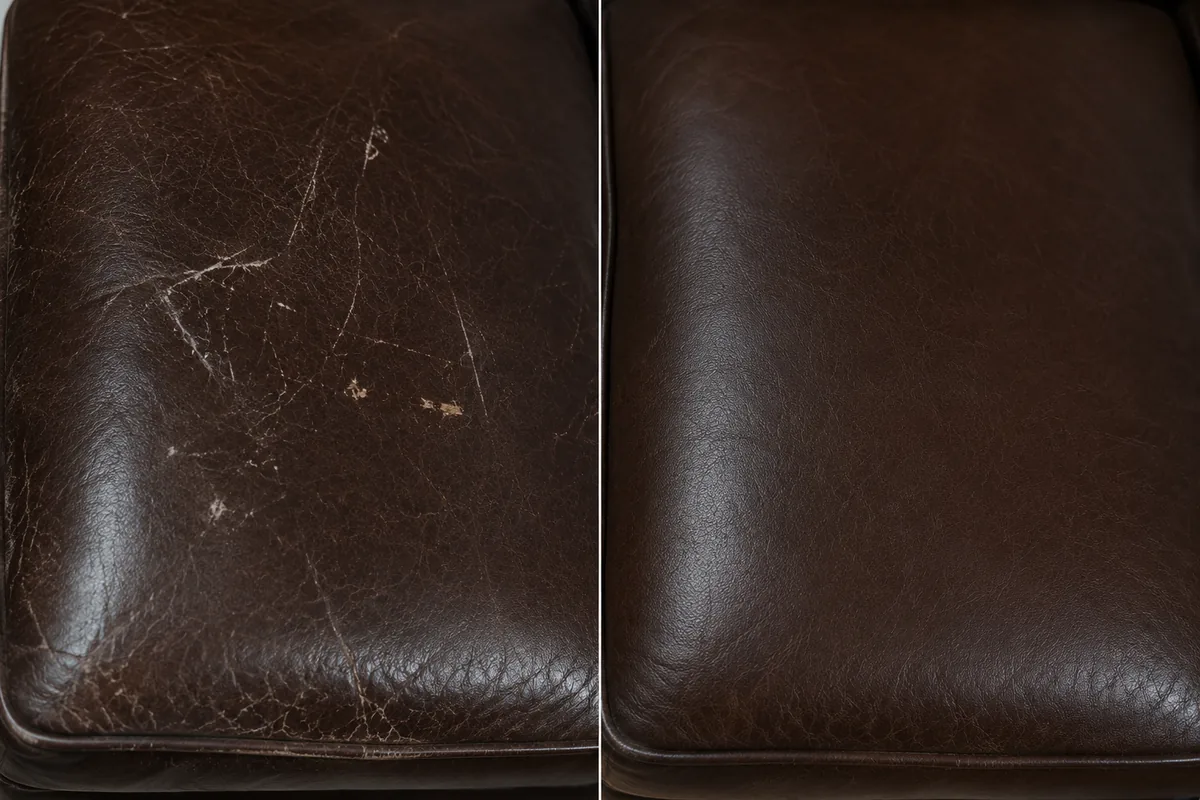 Dog claw marks on a leather seat before and after