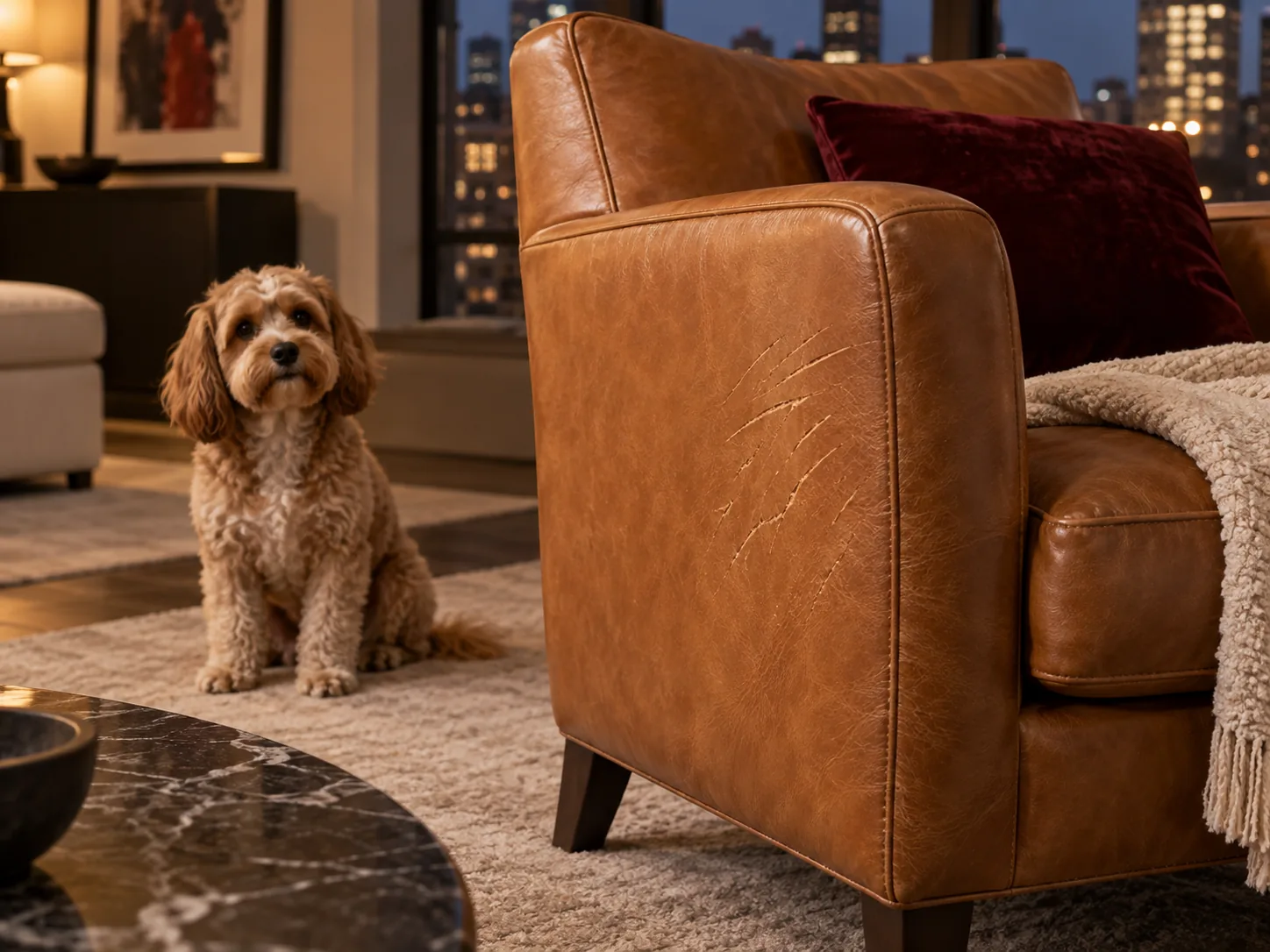 Dog scratches on the arm of a leather armchair
