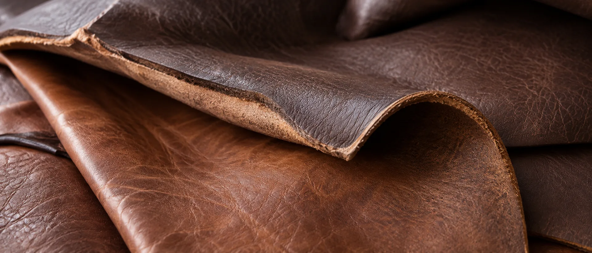 Dark brown and cognac leather hides draped over a rail to show how they fall