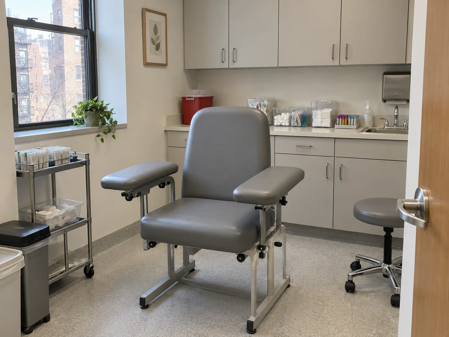 A grey vinyl blood draw chair in a procedure room