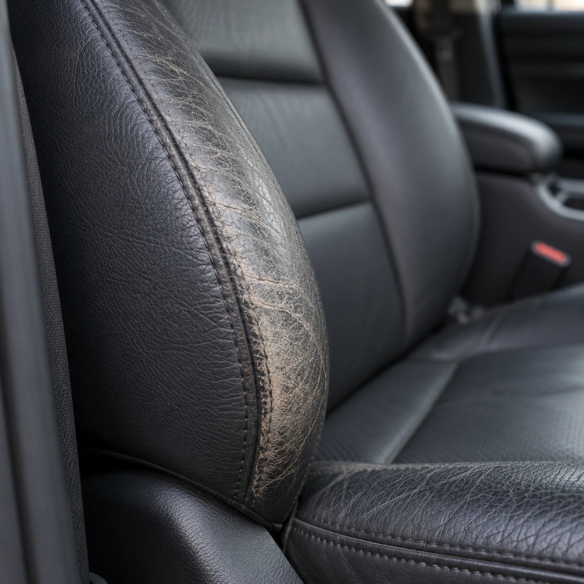 A worn, cracked outer bolster on a dark driver seat