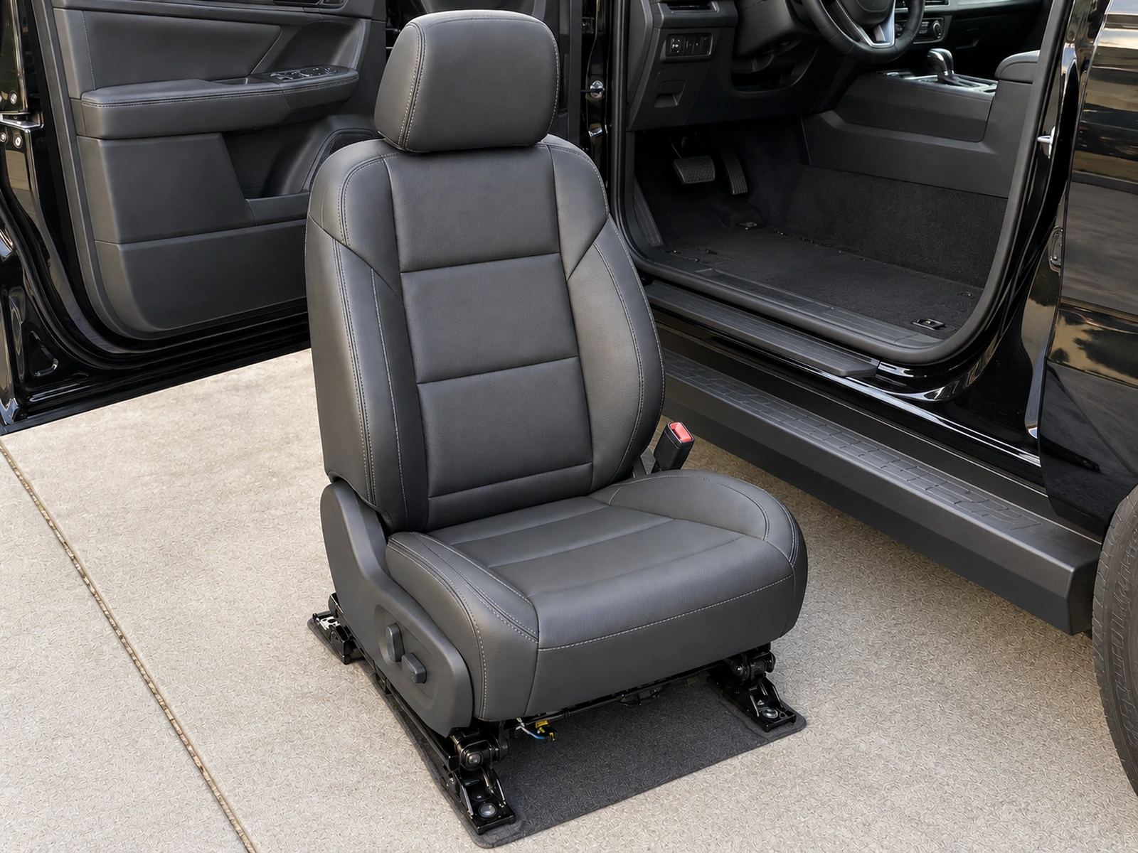 The finished seat refitted in the vehicle with the door open