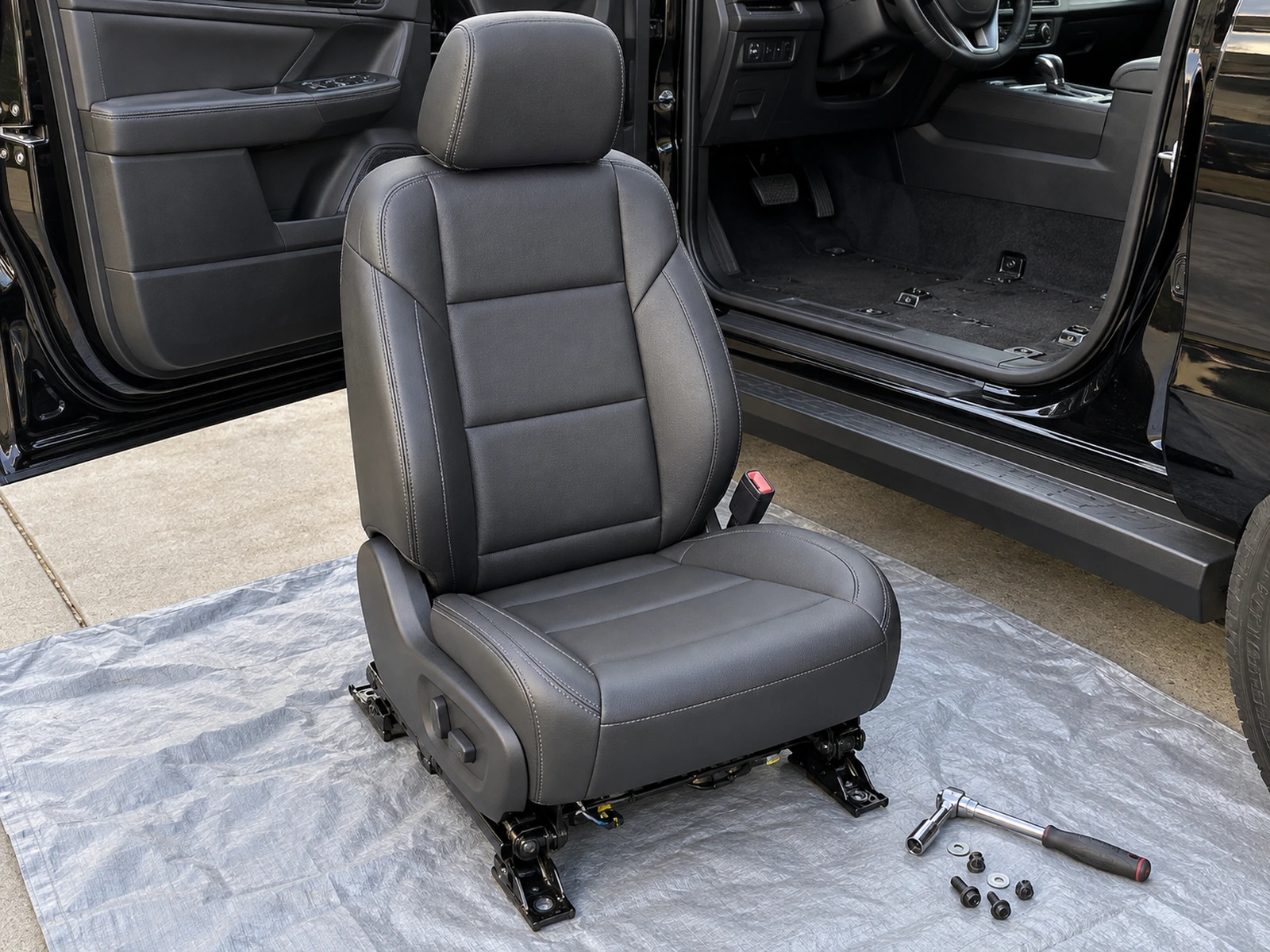 A driver seat unbolted and standing beside the open vehicle door