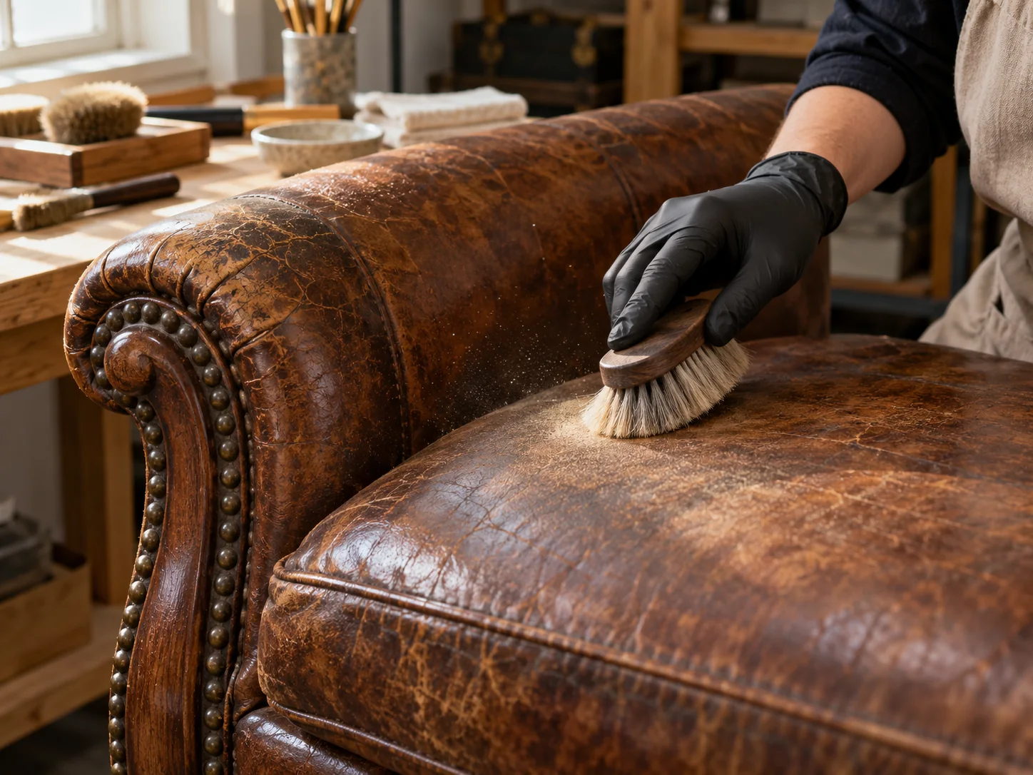 Dry cleaning antique leather with a soft brush