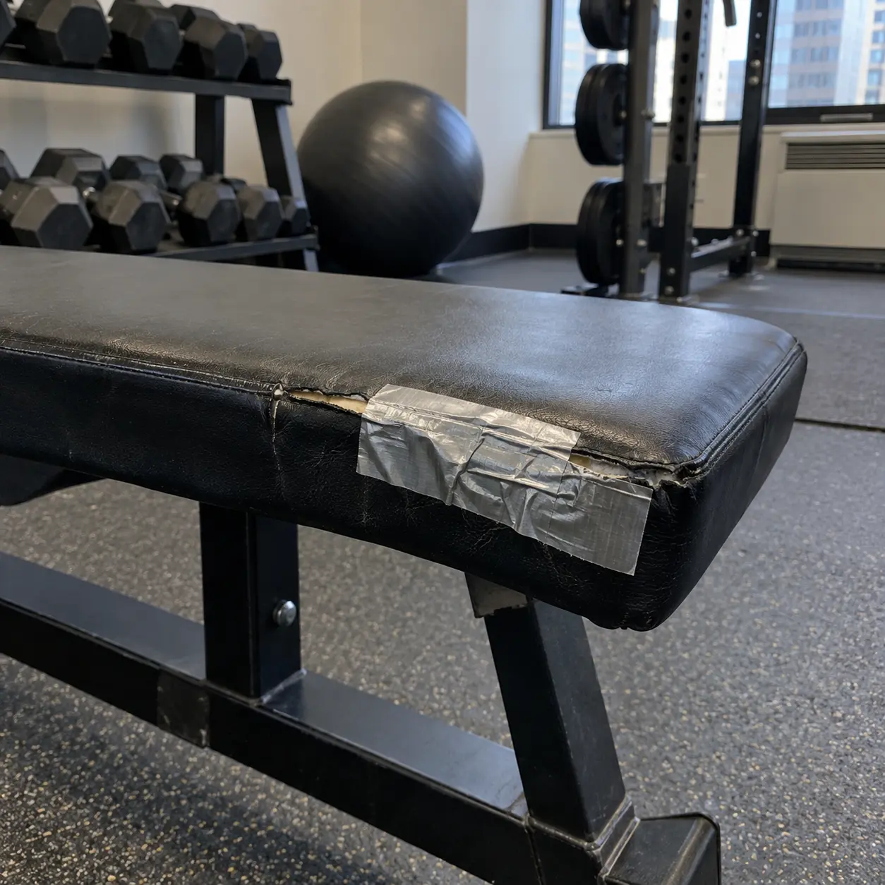 Duct tape stuck over a split in a black vinyl gym bench