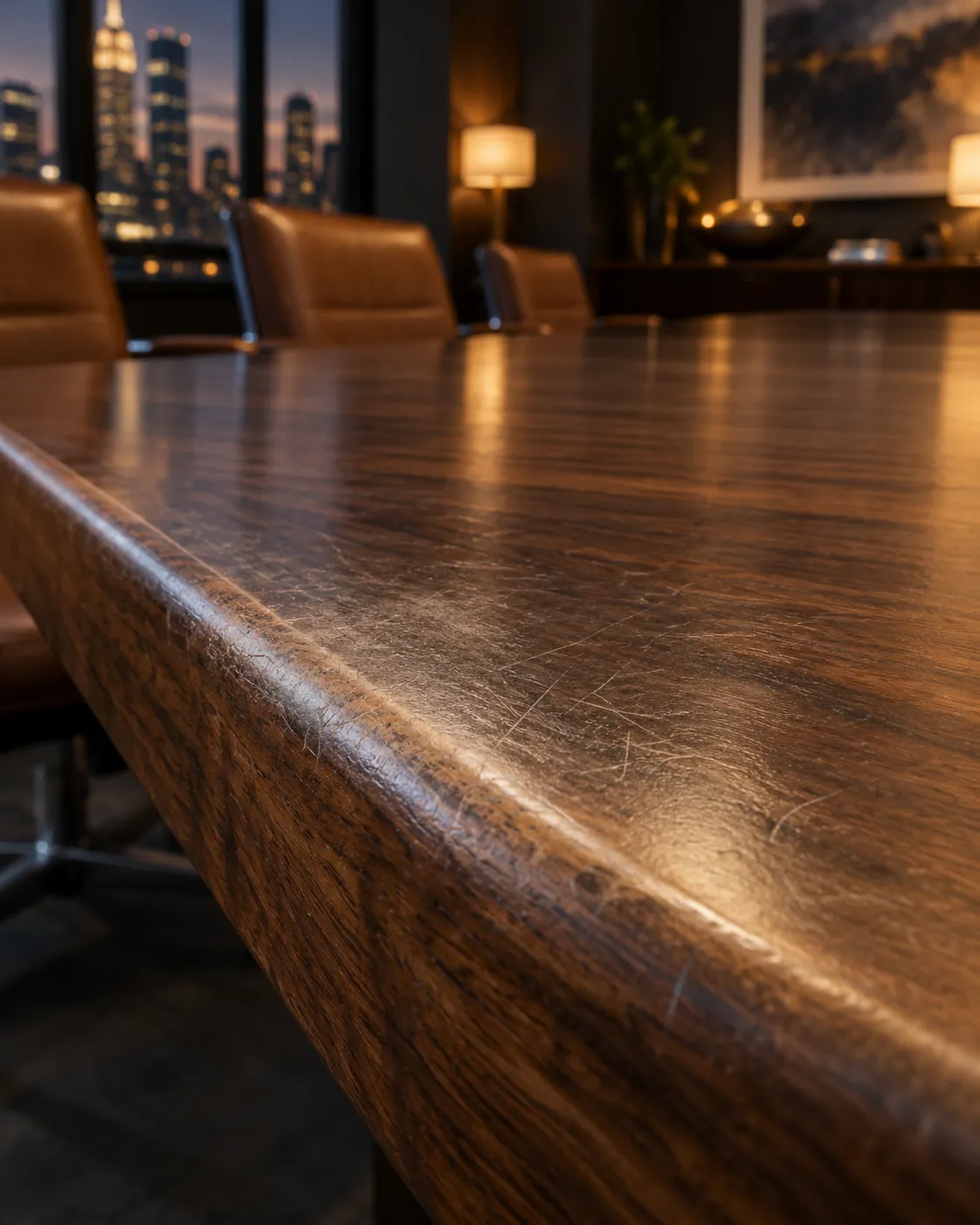 The edge of a walnut conference table, its finish dull and scratched where chairs rub it