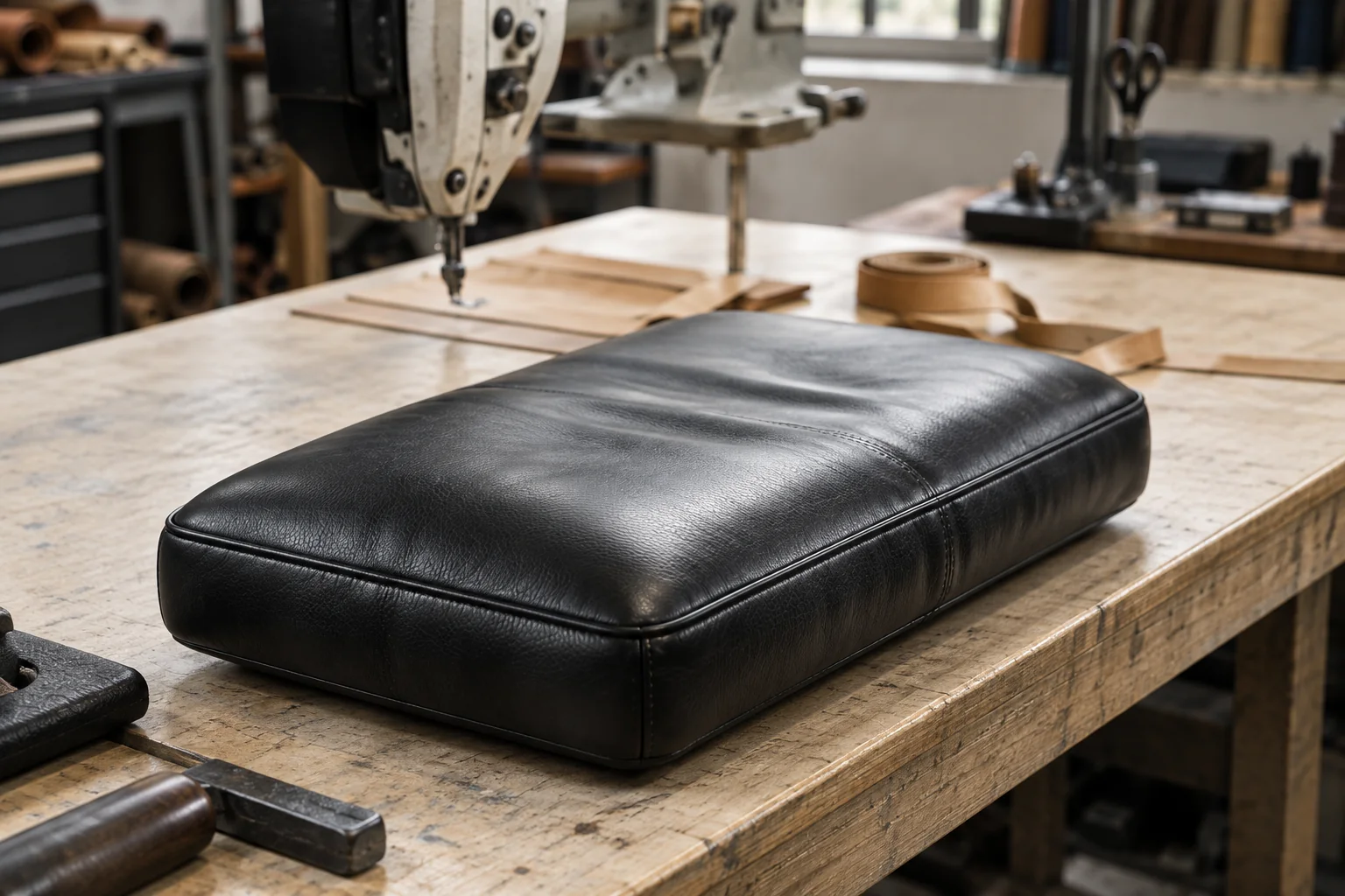 A black leather Eames cushion on a workshop bench beside a sewing machine