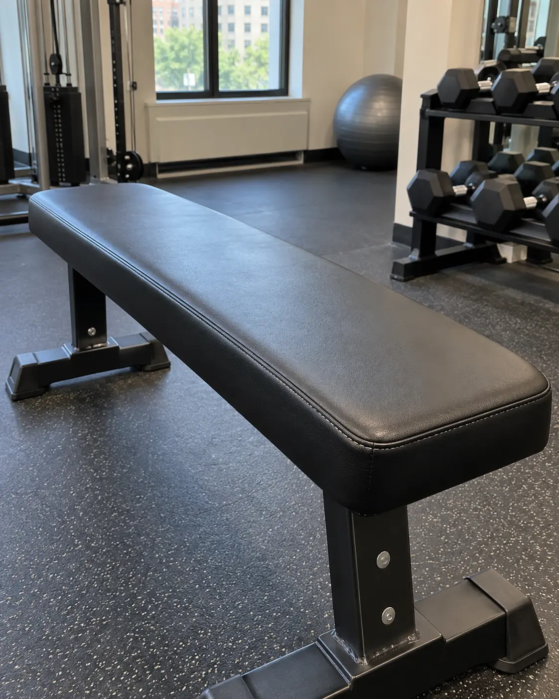 A vinyl bench seam sealed while still a hairline