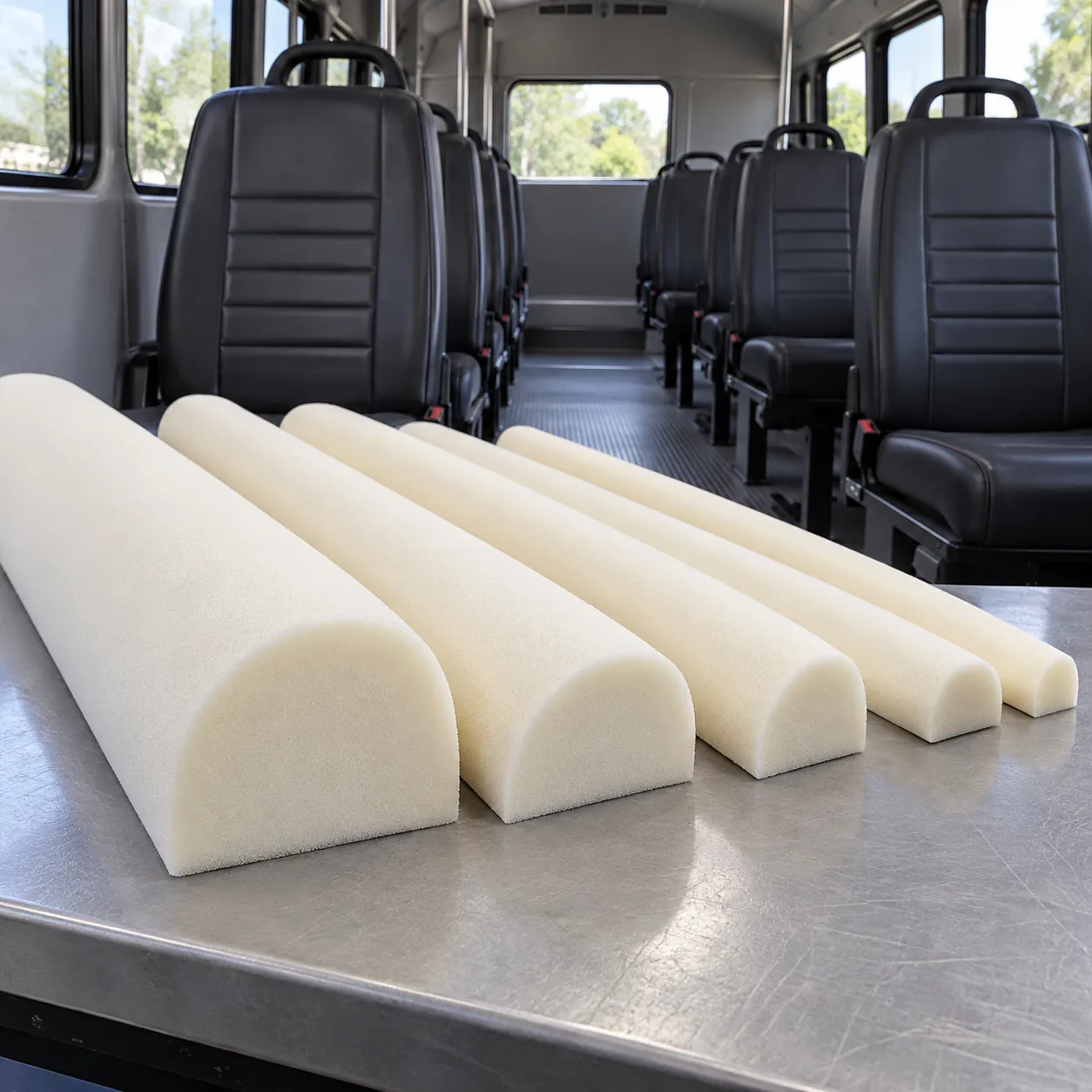 Lengths of edge-roll foam stock on a bench