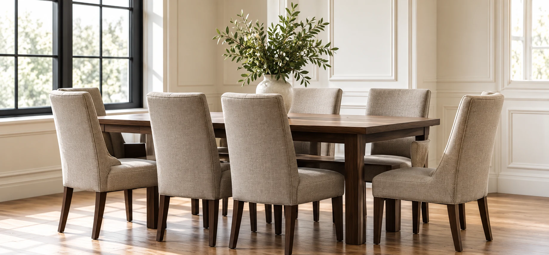 Eight dining chairs around a walnut table
