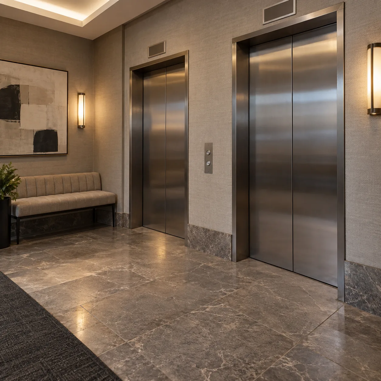 An upholstered bench on an elevator landing