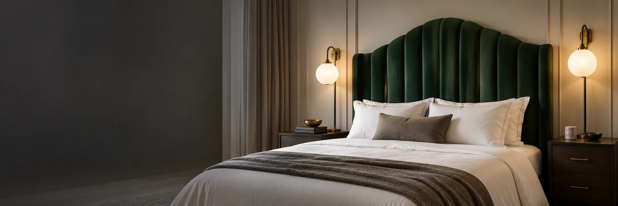 Emerald green scalloped channel-tufted headboard lit by wall sconces
