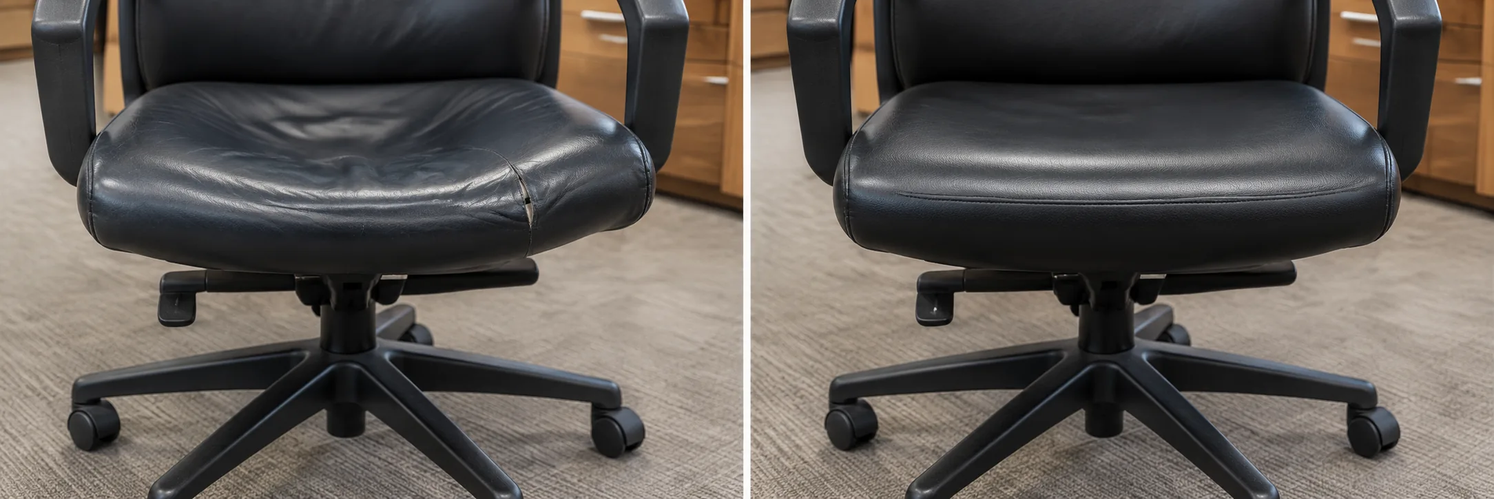Before and after of a failed office chair seat that was reupholstered