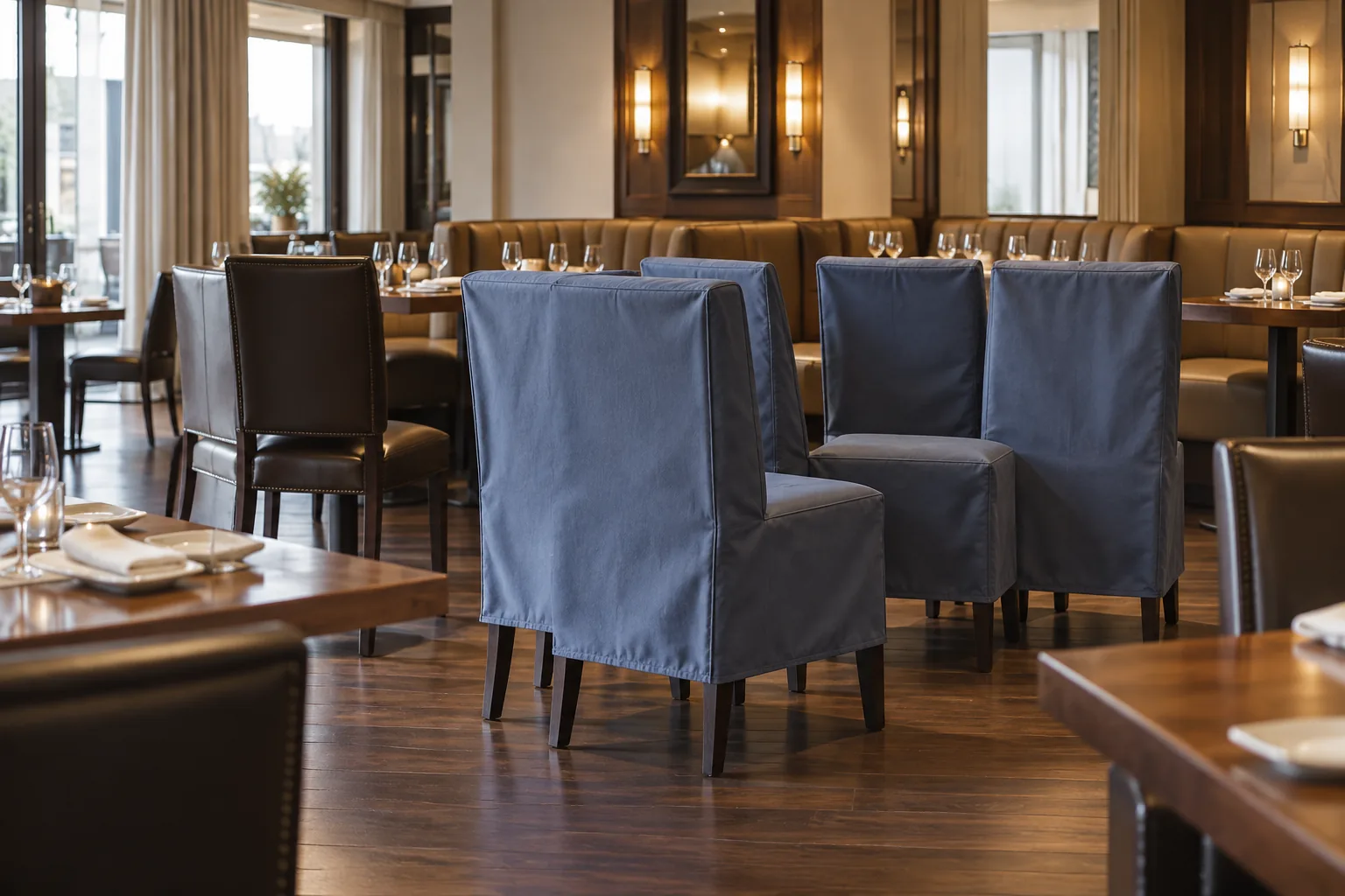 Restaurant chairs stacked under protective covers during repair work