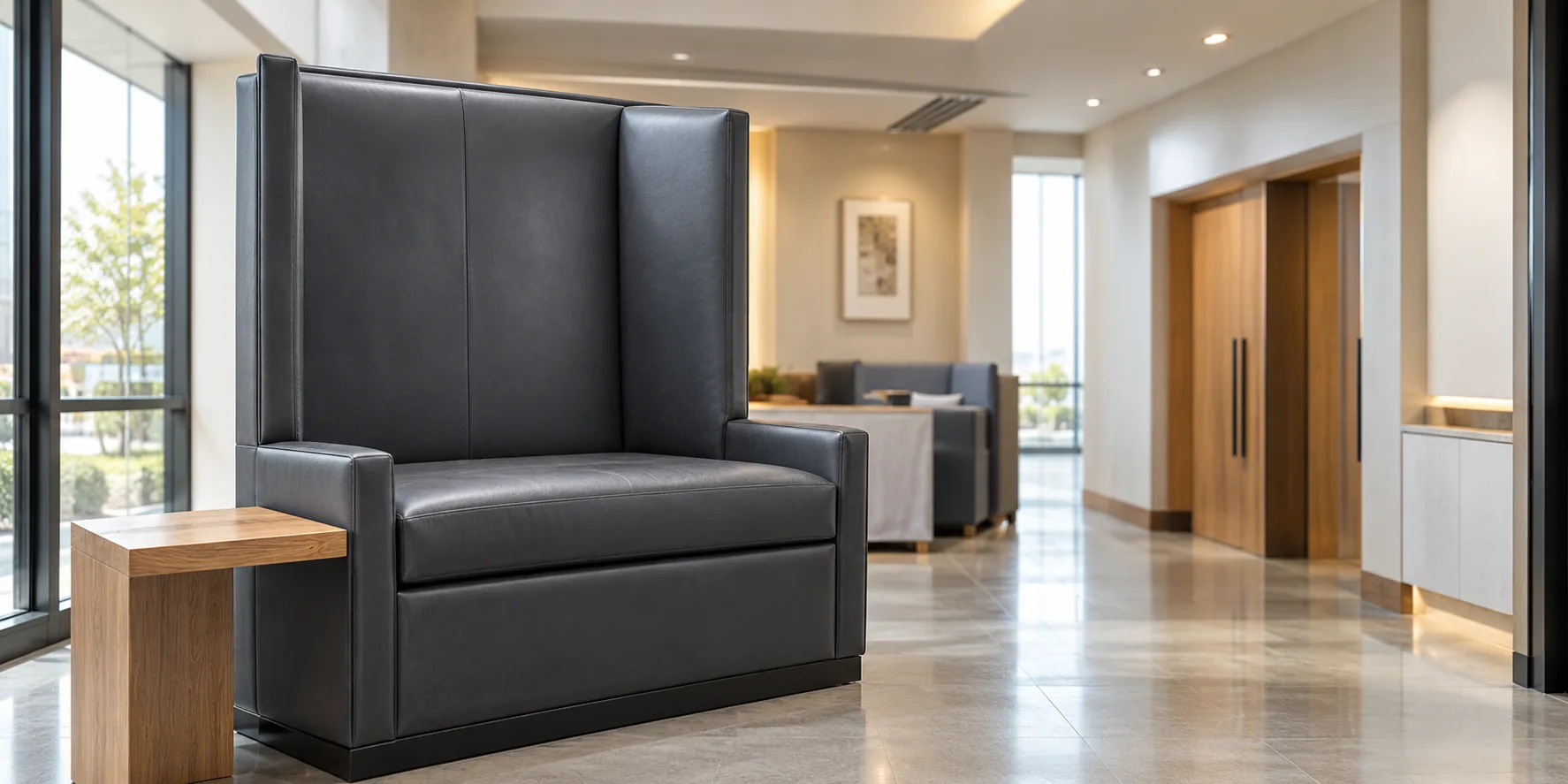 Dark grey high-back lobby bench cleaned and handed back after repair