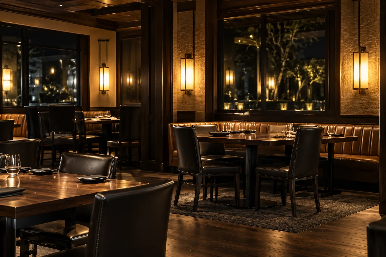 A restaurant dining room with leather banquettes, empty and lit low after closing