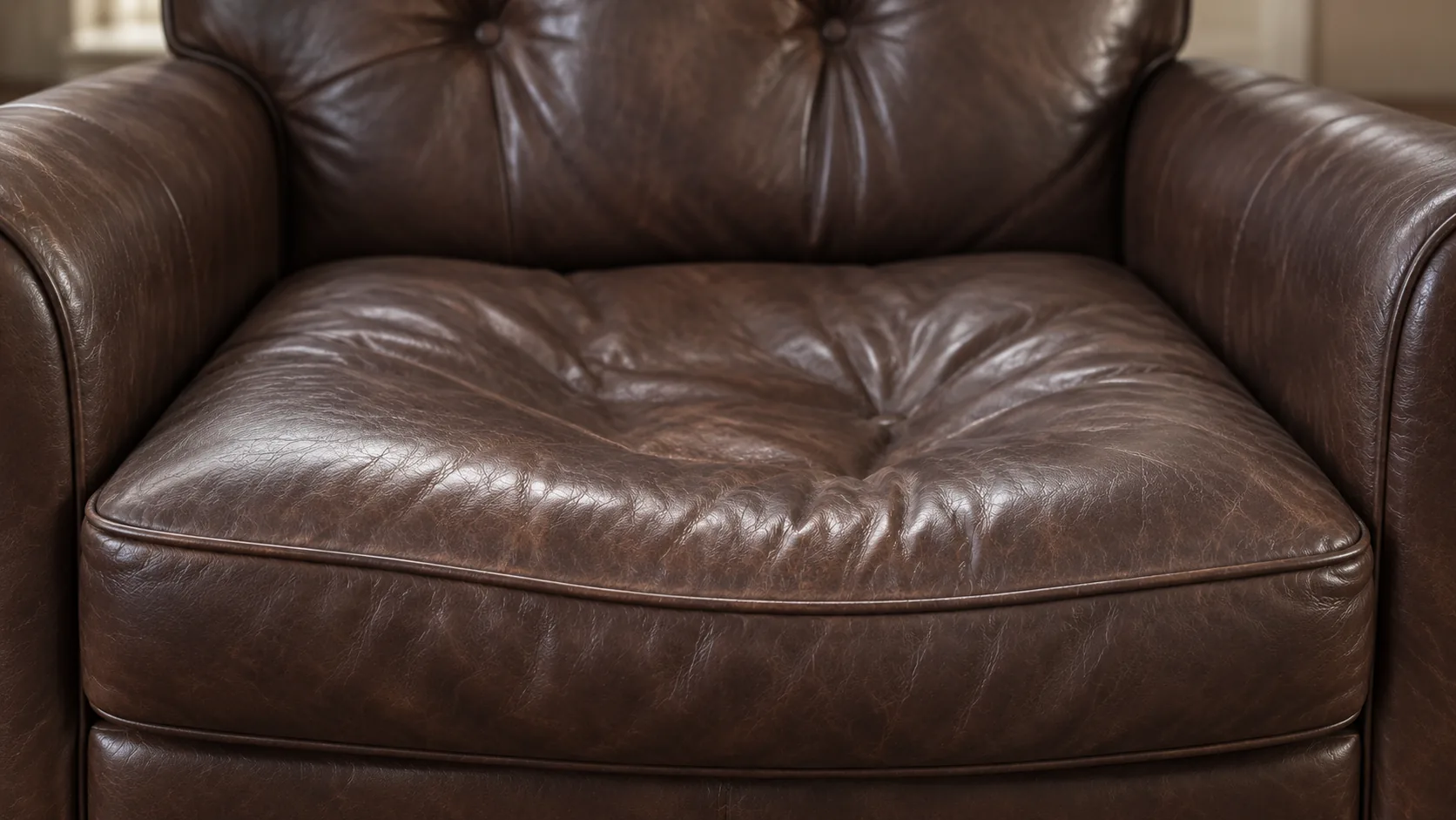 Brown seat cushion collapsed and creased where the support has failed