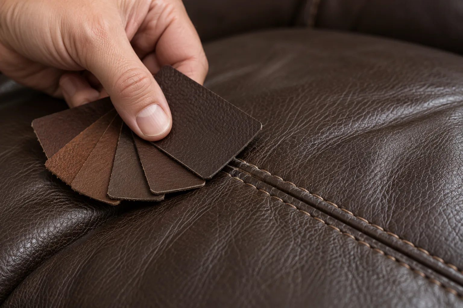 Leather colour swatches held against a brown sofa for matching