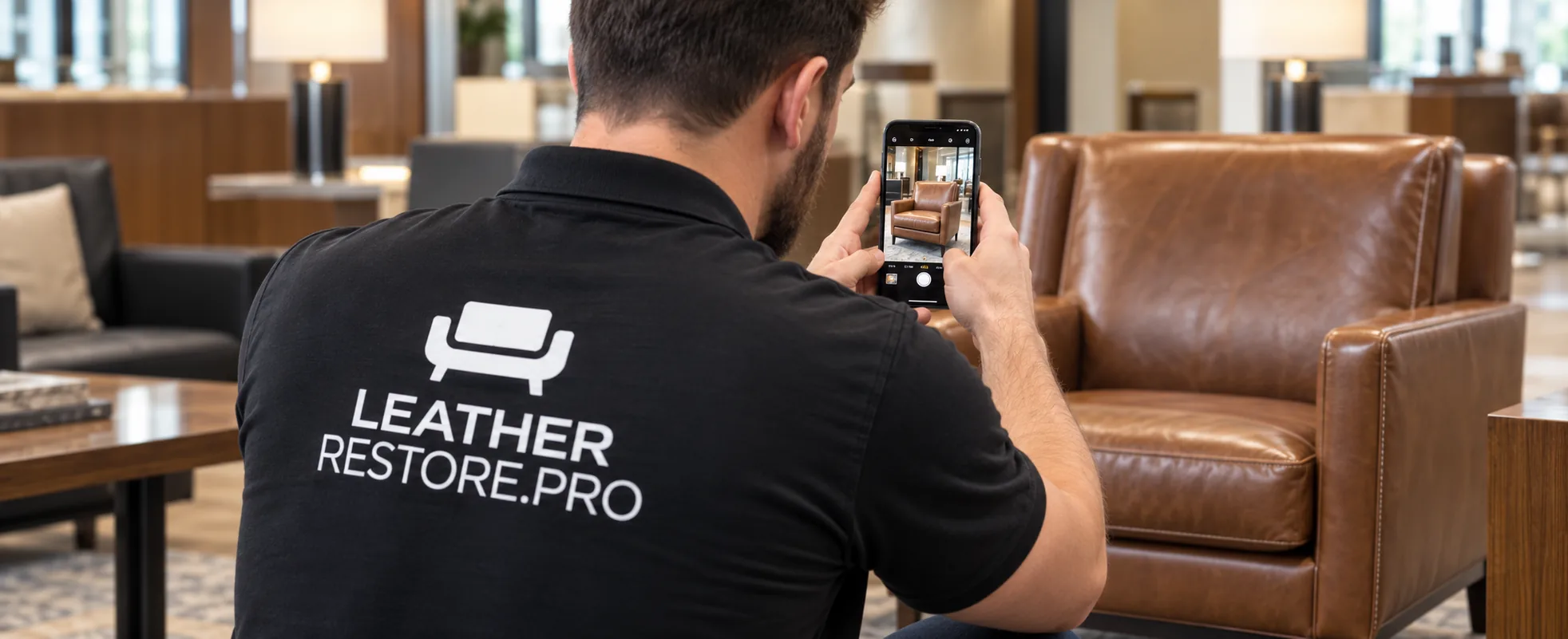 Technician photographing a completed repair on a hotel lobby chair