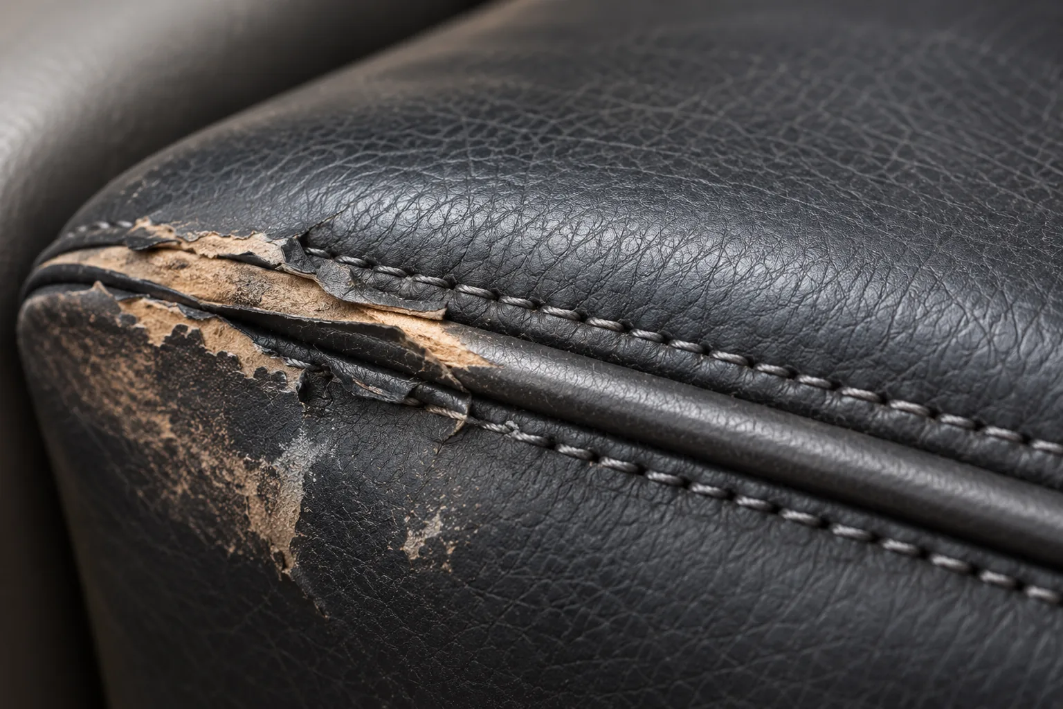 Black leather cracked and flaking away along a stitched seam