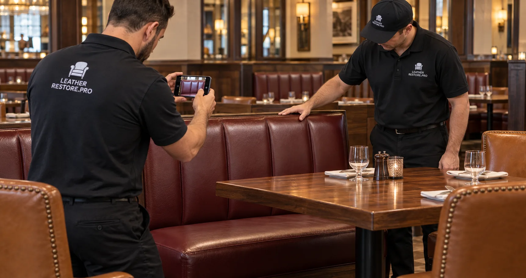 Two technicians photographing damage on a red restaurant booth