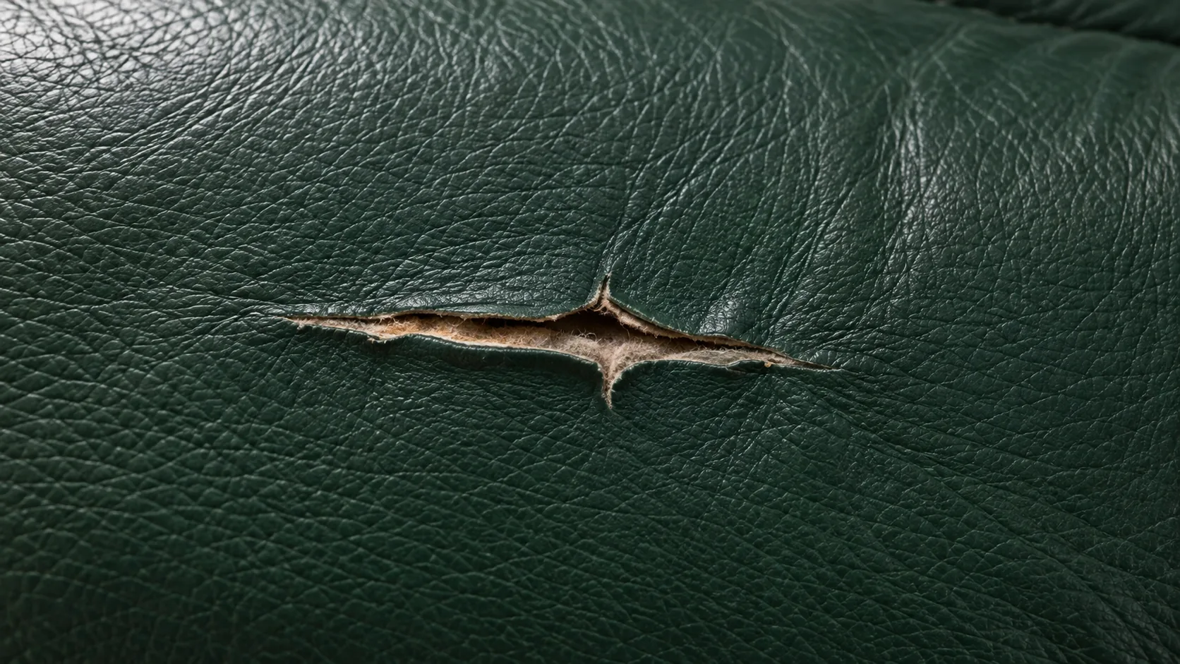 Tear in dark green leather