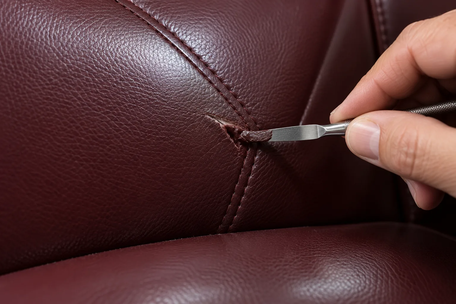 Small tear in burgundy leather being worked with a repair tool