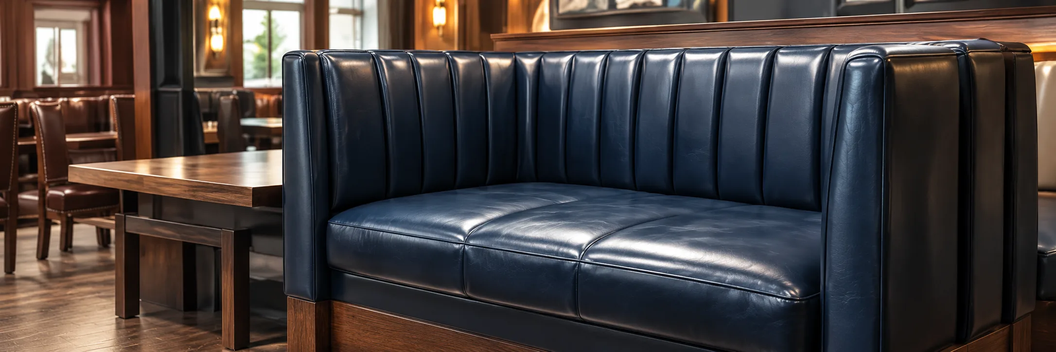 Navy channel-tufted banquette seating in a restaurant dining room