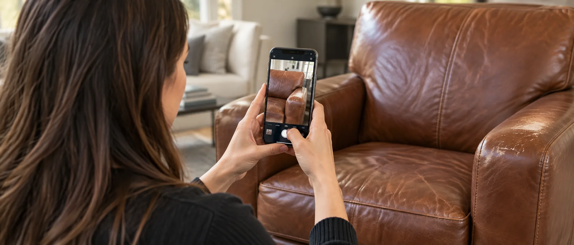 Photographing a whole brown leather armchair straight on with a phone