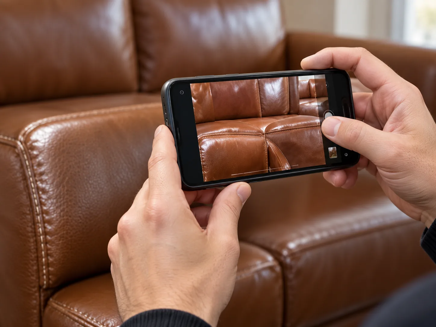 Hands photographing worn leather on a sofa seat with a phone