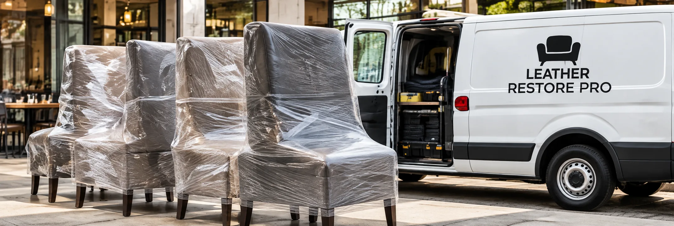 Wrapped commercial chairs loaded into a van for workshop repair