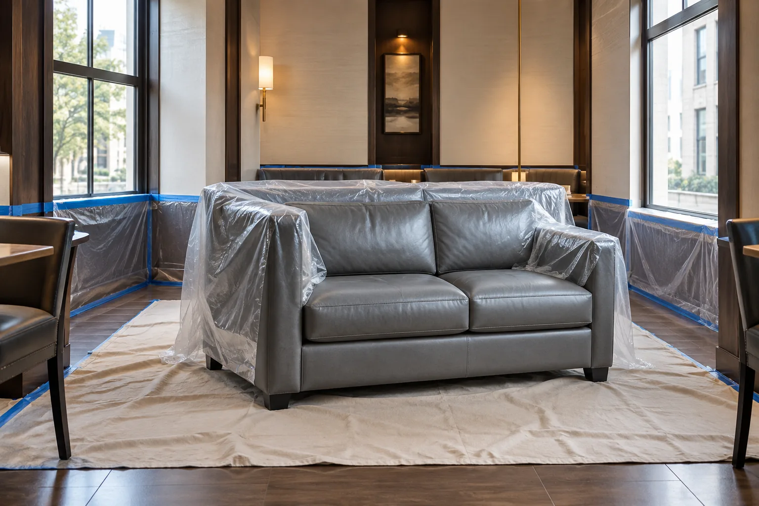 Grey lobby loveseat wrapped and taped inside a protected work area