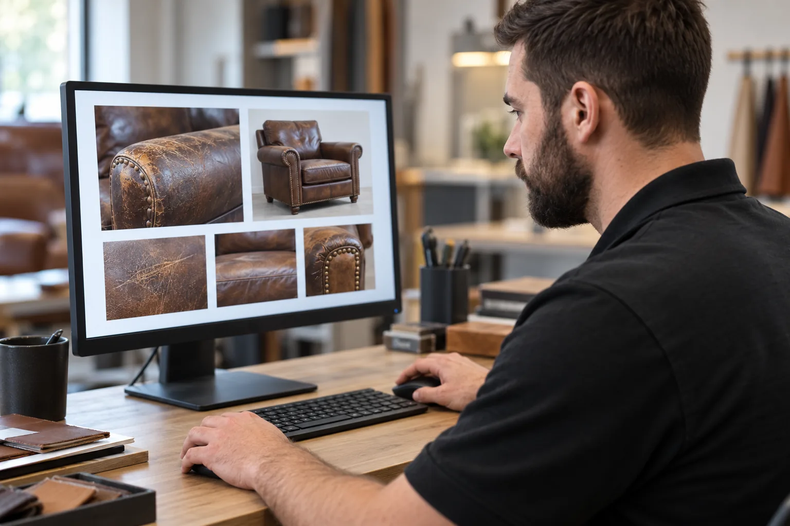 Technician reviewing a grid of furniture damage photos on a monitor