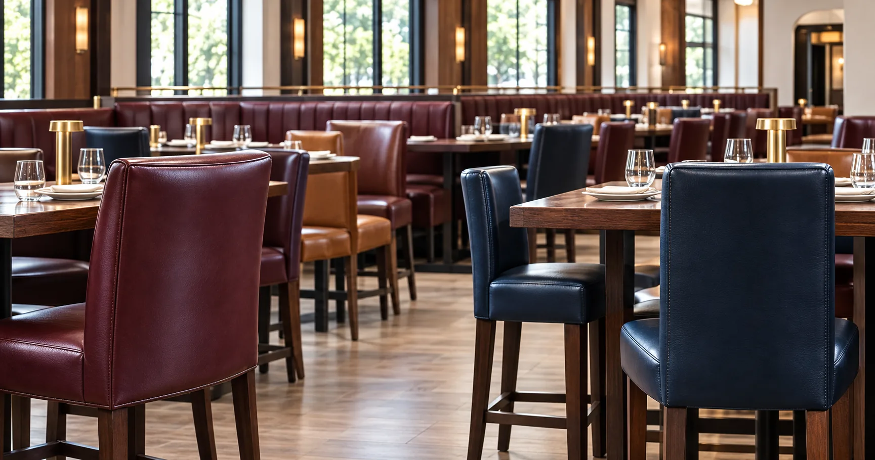 Bright restaurant dining room set up before opening